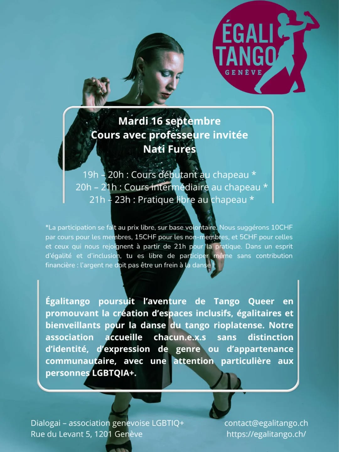 Mardi 16 septembre ne manquez pas la venue de la danseuse Nati Fures @natifures! Egalitango se réjouit beaucoup et espère vous voir nombreux.euses à ces cours ouverts à tou.te.x.s!
