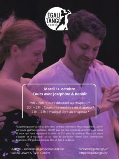 On a la plaisir de retrouver Joséphine & Benoît pour les cours du mardi 14 octobre!

Cours débutant.e.x.s  à 19h
Cours intermédiaire à 20h
Pratique libre dès 21h

Mini-bio: 
Benoît est ingénieur, Joséphine est violoncelliste. Ensemble, ils dansent le tango avec passion et complicité. Leur duo s’est formé naturellement, porté par l’envie de partager une danse vivante, sensible et profondément humaine.

Leur pédagogie repose sur des valeurs de connexion, de partage et d’ouverture. Ils mettent l’accent sur une approche ludique et inclusive, où chacun.e peut trouver sa place, quel que soit son niveau. Pour eux, apprendre à danser, c’est avant tout créer un espace de plaisir, de curiosité et d’écoute mutuelle.

Au fil des années, transmettre le tango est devenu pour eux une source d’inspiration et de joie. Enseigner ensemble est un véritable terrain de jeu et de réflexion, où ils prennent autant de plaisir à guider qu’à apprendre de leurs élèves. Ce lien humain, au cœur de leur approche, nourrit chaque cours et chaque pas dansé.

A bientôt sur la pista de Dialogai! 

Pour la suite,  Hernán donnera les cours des mardi 21 et 28 octobre
