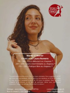 Prochains cours de tango à Dialogai: Lau Romero le mardi 17 février! Si vous ne connaissez pas Laura c'est le moment de la  découvrir! 
@lauraromerotango

Laura Romero, passionnée par la danse, a commencé ses premiers pas dans le tango en 2010 à Córdoba en Argentine. Depuis 2022, elle vit à Fribourg. 
Dans ses cours, elle cherche à partager des nouveaux outils dans la technique du mouvement de manière dynamique et ludique. Elle propose un travail individuel approfondi ainsi que des séquences de couple.
Apprendre à reconnaître comment et où se trouve notre corps dans l’espace, faciliter la sensation de l’abrazo, interpréter, écouter et proposer, à partir des deux rôles: ce sont des éléments qu'elle cherche à transmettre. Pour elle, la danse est en lien étroit avec la musique et le partage.

Son intérêt : que vous puissiez partager le tango dans un cadre social, comme la milonga,  en se sentant à l'aise et en confiance avec vos mouvements!