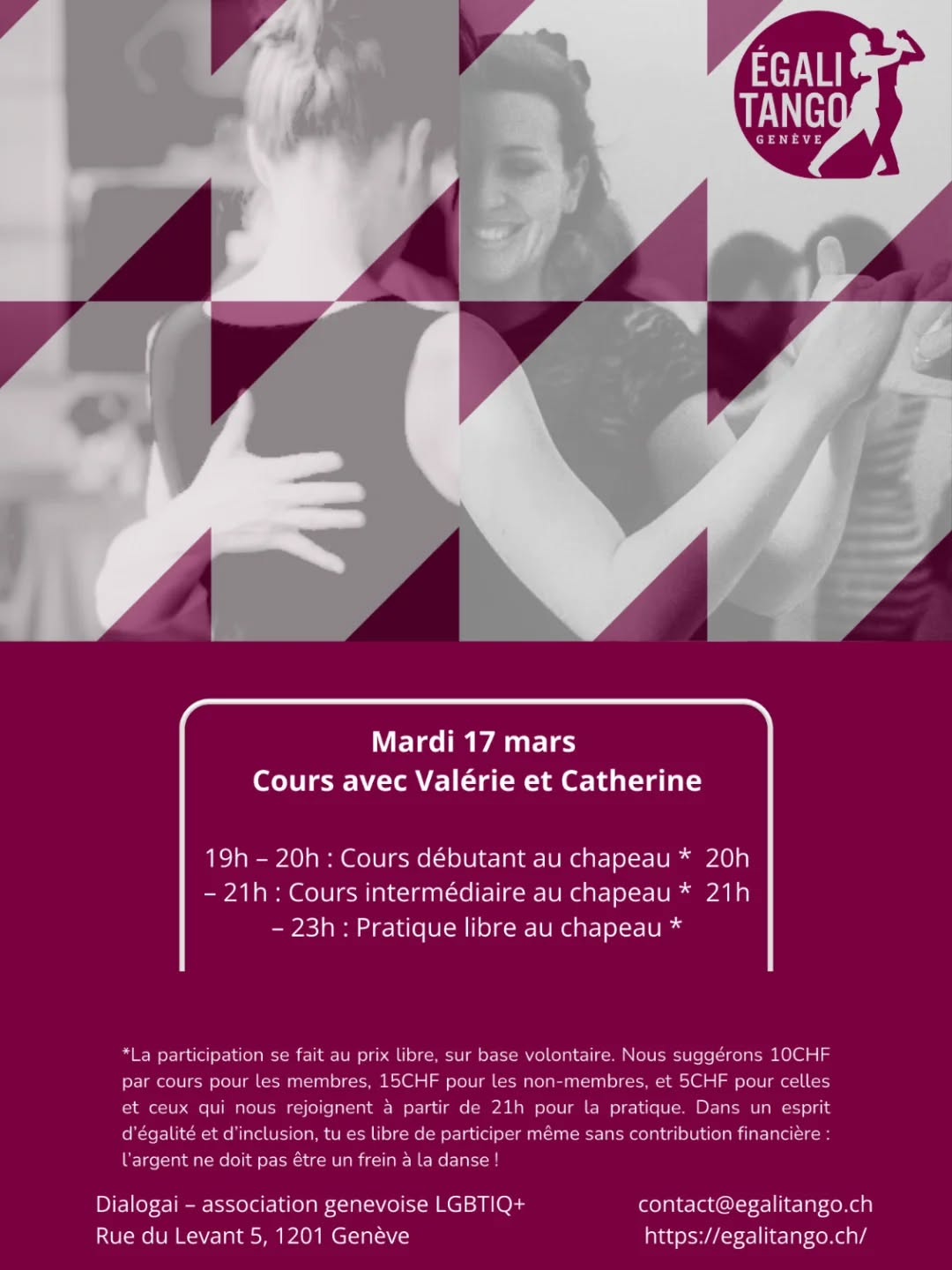 Mardi 17 à Egalitango nous proposons un cours: Tango & Technique Alexander avec Valérie et Catherine!
@valerieloewensberg @equilibre_postural

Même format que d'habitude avec le cours débutant.e.x.s et intermédiaire suivi de la pratique dès 21h à Dialogai! 

Une rencontre entre danse, écoute corporelle et liberté de mouvement

Cet atelier est né de la rencontre entre deux parcours complémentaires :  celui d'une danseuse et professeure de tango argentin engagée dans une approche ouverte et inclusive de la danse, et celui d'une danseuse open role et enseignante de Technique Alexander.

Valérie découvre le tango à Genève en 2009 et approfondit sa formation à Buenos Aires à partir de 2012. Engagée dans une approche ludique et dynamique du tango, elle explore notamment l'open role au sein de la communauté queer et développe un enseignement où les deux rôles dialoguent activement. Entre Buenos Aires et Genève, elle transmet aujourd’hui un tango centré sur l’improvisation, l’écoute du corps, du partenaire et de la musique.

Formée à la Technique Alexander® à Genève (1987–1990), après plusieurs années d’exploration corporelle en Asie (aïkido, yoga, qi gong et shiatsu), Catherine enseigne depuis plus de 35 ans des pratiques qui développent conscience corporelle, liberté de mouvement et présence. Alors que son livre sur la TA vient d'être publié (ed.  Eyrolles) elle démarre le tango argentin en 2017, où elle retrouve un terrain vivant pour explorer l’équilibre, la coordination et la relation à l'autre dans le mouvement.

En croisant tango et Technique Alexander, leur collaboration propose d’explorer la danse autrement : ralentir, affiner les sensations - notamment la perception du dos en relation avec les bras - et découvrir comment une meilleure organisation du corps peut nourrir l'apprentissage, la qualité du mouvement et du relationnel dans le tango. L’accent est mis sur l'attention au corps dans son environnement, la curiosité et le plaisir de danser ensemble.