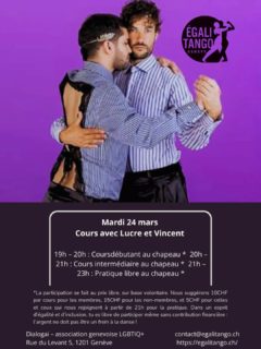 Mardi prochain Vincent revient avec Lucrecio! Ne manquez pas ce cours qui va être magnifique💜 @lucre.vincent.tango

Vincent et Lucrecio se sont rencontrés en 2013, à Buenos
Aires. Ils ont évolué au sein de la communauté tango queer en
Argentine (Buenos Aires et Córdoba) pendant plusieurs années, puis
Vincent est rentré en France en 2015. À l'été 2016, ils ont
créé une collaboration et une tournée de tango en Europe pour la première
fois. Depuis 2022, Lucrecio voyage chaque année pour poursuivre cette
collaboration entre amis très proches. Ils célèbrent 10 ans
d'amitié en dansant et en enseignant joyeusement ensemble.