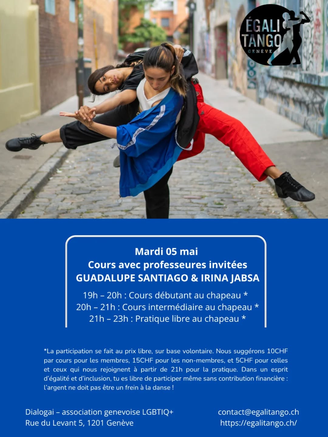 Mardi 5 mai ne manquez pas la venue de Guadalupe et Irina. Elles travaillent ensemble depuis 2018, mêlant les langages pour créer différentes façons d’interpréter le tango, donnant ainsi naissance à un nouveau code artistique et pédagogique.
@_guadalupe.santiago_ @irinajabsa

Elles ont participé à toutes les éditions du Festival Electrotango de Buenos Aires ainsi qu’aux Rencontres Contactango à Mar del Plata. Elles ont organisé le premier Festival Tango Contact Buenos Aires et co-organisent depuis 2018 La Mutante, l’une des milongas alternatives et éclectiques de Buenos Aires.

En dehors de l'Argentine, elles se sont produites dans divers pays : Turquie, Autriche, Espagne, Allemagne, Portugal. Elles sont en Suisse pour la première fois!