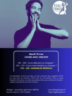 Semaine prochaine, retrouvez Vincent pour le cours du mardi suivi de notre Assemblée Générale! 

19-21hs cours de Vincent débutant.e.x.s et intermédiaire 
21h Assemblée Générale avec apéro 

Petit mot de Vincent @vincent.hodin : "ma sensibilité pour la danse et ma proximité pour l’improvisation ont créé une rencontre très intense avec le tango. Il y existe une richesse incroyable qui nous ouvre des possibles de connexion et d’échanges entre deux partenaires. A l’instar d’une langue étrangère, on apprend à maîtriser ce langage qui devient universel et puissant. Lorsque ce code est intégré, la danse laisse place à votre créativité, votre originalité  à partager avec votre partenaire." 

Au plaisir de vous revoir mardi prochain à Dialogai, rue du Levant 5! @dialogai_geneve