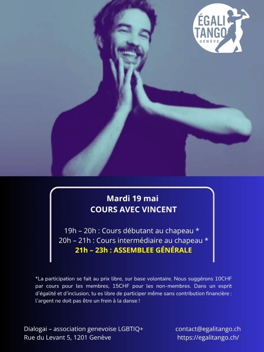 Semaine prochaine, retrouvez Vincent pour le cours du mardi suivi de notre Assemblée Générale! 

19-21hs cours de Vincent débutant.e.x.s et intermédiaire 
21h Assemblée Générale avec apéro 

Petit mot de Vincent @vincent.hodin : "ma sensibilité pour la danse et ma proximité pour l’improvisation ont créé une rencontre très intense avec le tango. Il y existe une richesse incroyable qui nous ouvre des possibles de connexion et d’échanges entre deux partenaires. A l’instar d’une langue étrangère, on apprend à maîtriser ce langage qui devient universel et puissant. Lorsque ce code est intégré, la danse laisse place à votre créativité, votre originalité  à partager avec votre partenaire." 

Au plaisir de vous revoir mardi prochain à Dialogai, rue du Levant 5! @dialogai_geneve