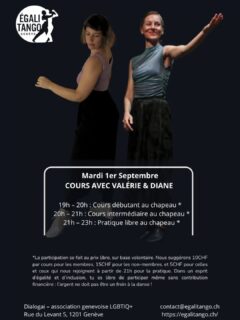 Mardi 1er septembre c'est la rentrée et nous avons le le plaisir d'accueillir Diane & Valérie. @dianedidenko @valerieloewensberg

Valérie enseigne un tango ancré dans la liberté des rôles et l'exploration du mouvement dans une écoute mutuelle. Réalisatrice travaillant entre Genève et Buenos Aires, elle développe une approche sensible nourrie par les pratiques féministes et queer du tango contemporain.

Diane est formée en musique, danse classique et contemporaine. Après deux années de co‑enseignement du tango à Genève puis une période de formation et d’exploration à Paris, elle revient aujourd’hui transmettre une pédagogie claire, bienveillante et vivante, centrée sur la technique et la relation dansée.

Ensemble, elles proposent un tango attentif, égalitaire et créatif.

Retrouvez-nous à Dialogai à 19h pour le cours débutant.e.x.s et 20h pour le le cours intermédiaire. Comme d'habitude les cours seront suivi d'une pratique et apéro! @dialogai_geneve