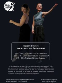 Mardi 06 octobre on se retrouve avec Valérie et Diane à nouveau pour les cours débutant et intermédiaire.💃🏾💃🏾 

Valérie enseigne un tango ancré dans la liberté des rôles, l'exploration du mouvement dans une écoute mutuelle. Réalisatrice travaillant entre Genève et Buenos Aires, elle développe une approche sensible nourrie par les pratiques féministes et queer du tango.

Diane est formée en musique, danse classique et contemporaine. Après deux années de co‑enseignement du tango à Genève puis une période de formation et d’exploration à Paris, elle revient aujourd’hui transmettre une pédagogie claire, bienveillante et vivante, centrée sur la technique et la relation dansée.

Ensemble, elles proposent un tango attentif, égalitaire et créatif.
