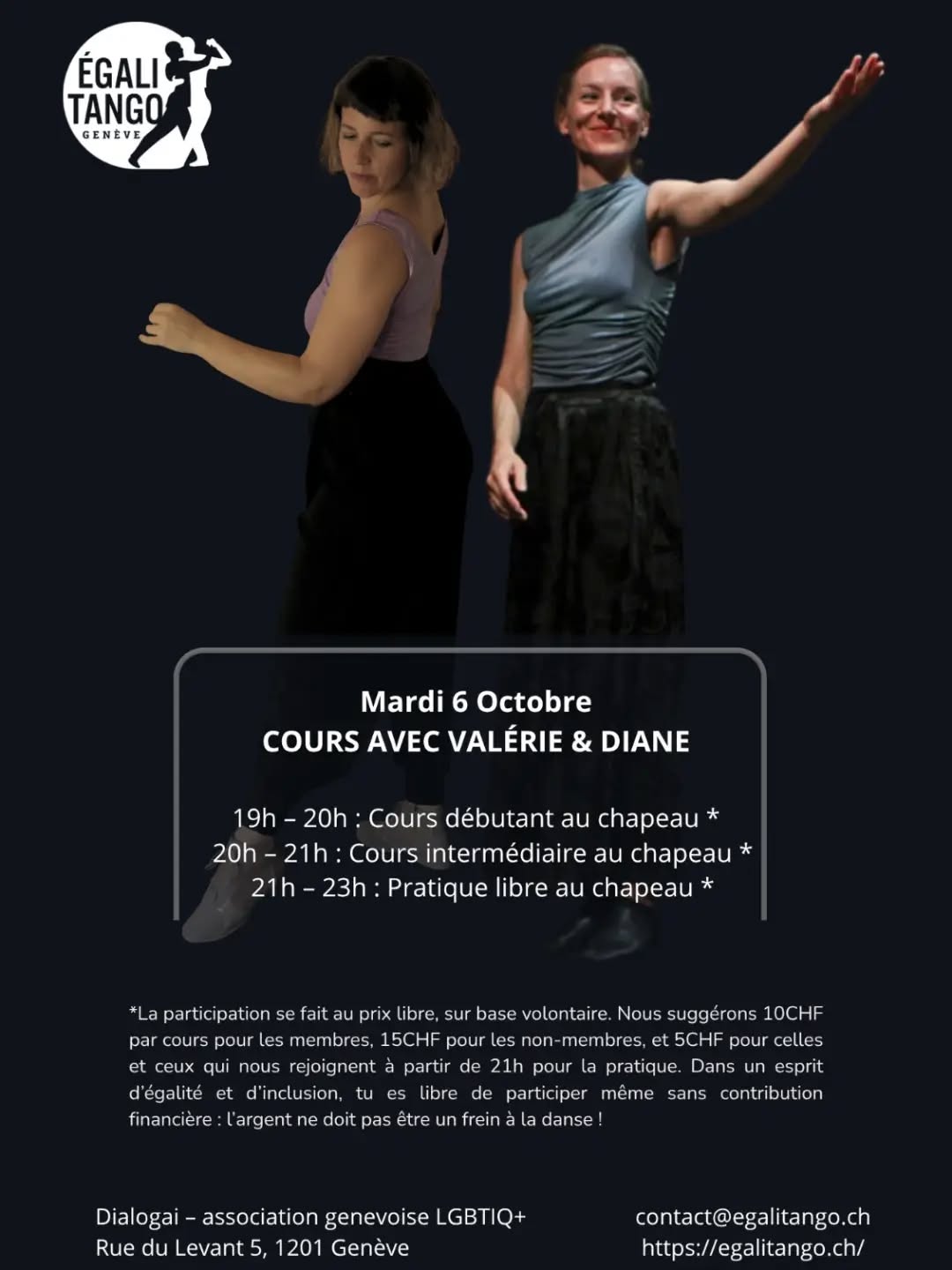Mardi 06 octobre on se retrouve avec Valérie et Diane à nouveau pour les cours débutant et intermédiaire.💃🏾💃🏾 

Valérie enseigne un tango ancré dans la liberté des rôles, l'exploration du mouvement dans une écoute mutuelle. Réalisatrice travaillant entre Genève et Buenos Aires, elle développe une approche sensible nourrie par les pratiques féministes et queer du tango.

Diane est formée en musique, danse classique et contemporaine. Après deux années de co‑enseignement du tango à Genève puis une période de formation et d’exploration à Paris, elle revient aujourd’hui transmettre une pédagogie claire, bienveillante et vivante, centrée sur la technique et la relation dansée.

Ensemble, elles proposent un tango attentif, égalitaire et créatif.