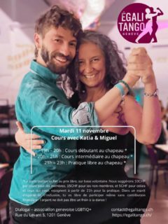 👉Mardi 11 novembre Katia🇨🇭 @tangueradelcirco et Miguel 🇨🇴 @miguel.gallego nous ferons l'honneur de donner les cours d'Egalitango!!!
Ne perdez pas cette grande opportunité de les connaître! 

Le mois s'enchaîne ensuite avec Vincent le mardi 18 @vincent.hodin et Hernán le mardi 25 @dinamitango! 
Mini bio Miguel & Katia

Miguel Gallego a étudié les deux rôles en Colombie et en Argentine auprès de divers professeurs. Il s'inspire du système Dinzel, une méthodologie visant à développer l'improvisation dans la danse. Il a été membre de la compagnie de tango « Yira Cuore » à Bogotá. Ces dernières années, il a dansé avec divers danseurs en Suisse, en France, en Espagne et en Turquie. Dans sa danse, il recherche la simplicité, l'expressivité et une connexion profonde avec les autres. Il enseigne actuellement régulièrement dans des villes italiennes comme Catane, Turin, Florence et Gênes.

Katia Abbondanzieri danse les deux rôles depuis 2010. En parallèle à son enseignement de tango elle est physiothérapeute et professeur d’anatomie. Dans ses cours de tango elle s’inspire de ses connaissances anatomiques pour faire le lien entre le fonctionnement du corps et les figures qu’elle propose, pour rendre ainsi la danse fluide, simple et accessible, tout en ouvrant des portes pour la créativité.

Pour Miguel et Katia danser ensemble est toujours synonyme de joie, de jeu et d'exploration. De l'improvisation pure, avec ou sans changement de rôle. Leur approche est vivante, joyeuse et toujours en recherche. Leurs styles et sensibilités se complètent à merveille, pour proposer un enseignement à la fois précis, ludique et inspirant.