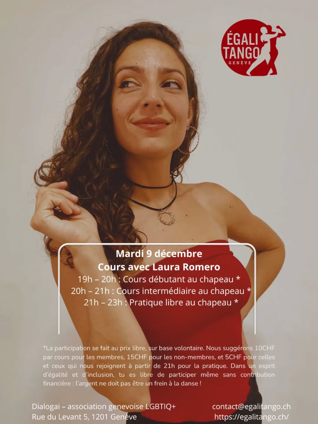 Pour terminer l'année en toute beauté, nous avons le plaisir d'inviter Laura Romero pour les cours d'Egalitango du 9 décembre! @lauraromerotango 

Laura Romero, passionnée par la danse, a commencé ses premiers pas dans le tango en 2010 à Córdoba en Argentine. Depuis 2022, elle vit à Fribourg. 

Dans ses cours, elle cherche à partager des nouveaux outils de technique du mouvement de manière dynamique et ludique. Elle propose un travail individuel approfondi ainsi que des séquences de couple.

Apprendre à reconnaître comment et où se trouve notre corps dans l’espace, faciliter la sensation de l’abrazo, interpréter, écouter et proposer, à partir des deux rôles, ce sont les éléments qu'elle cherche à transmettre. La danse est en lien étroit avec la musique et le partage.

Son intérêt est que ses élèves puissent apprendre cette danse afin de pouvoir la partager dans un cadre social, comme la milonga, et en se sentant à l'aise et en confiance dans leurs mouvements.