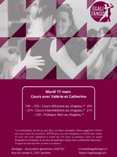 Mardi 17 à Egalitango nous proposons un cours: Tango & Technique Alexander avec Valérie et Catherine!
@valerieloewensberg @equilibre_postural

Même format que d'habitude avec le cours débutant.e.x.s et intermédiaire suivi de la pratique dès 21h à Dialogai! 

Une rencontre entre danse, écoute corporelle et liberté de mouvement

Cet atelier est né de la rencontre entre deux parcours complémentaires :  celui d'une danseuse et professeure de tango argentin engagée dans une approche ouverte et inclusive de la danse, et celui d'une danseuse open role et enseignante de Technique Alexander.

Valérie découvre le tango à Genève en 2009 et approfondit sa formation à Buenos Aires à partir de 2012. Engagée dans une approche ludique et dynamique du tango, elle explore notamment l'open role au sein de la communauté queer et développe un enseignement où les deux rôles dialoguent activement. Entre Buenos Aires et Genève, elle transmet aujourd’hui un tango centré sur l’improvisation, l’écoute du corps, du partenaire et de la musique.

Formée à la Technique Alexander® à Genève (1987–1990), après plusieurs années d’exploration corporelle en Asie (aïkido, yoga, qi gong et shiatsu), Catherine enseigne depuis plus de 35 ans des pratiques qui développent conscience corporelle, liberté de mouvement et présence. Alors que son livre sur la TA vient d'être publié (ed.  Eyrolles) elle démarre le tango argentin en 2017, où elle retrouve un terrain vivant pour explorer l’équilibre, la coordination et la relation à l'autre dans le mouvement.

En croisant tango et Technique Alexander, leur collaboration propose d’explorer la danse autrement : ralentir, affiner les sensations - notamment la perception du dos en relation avec les bras - et découvrir comment une meilleure organisation du corps peut nourrir l'apprentissage, la qualité du mouvement et du relationnel dans le tango. L’accent est mis sur l'attention au corps dans son environnement, la curiosité et le plaisir de danser ensemble.