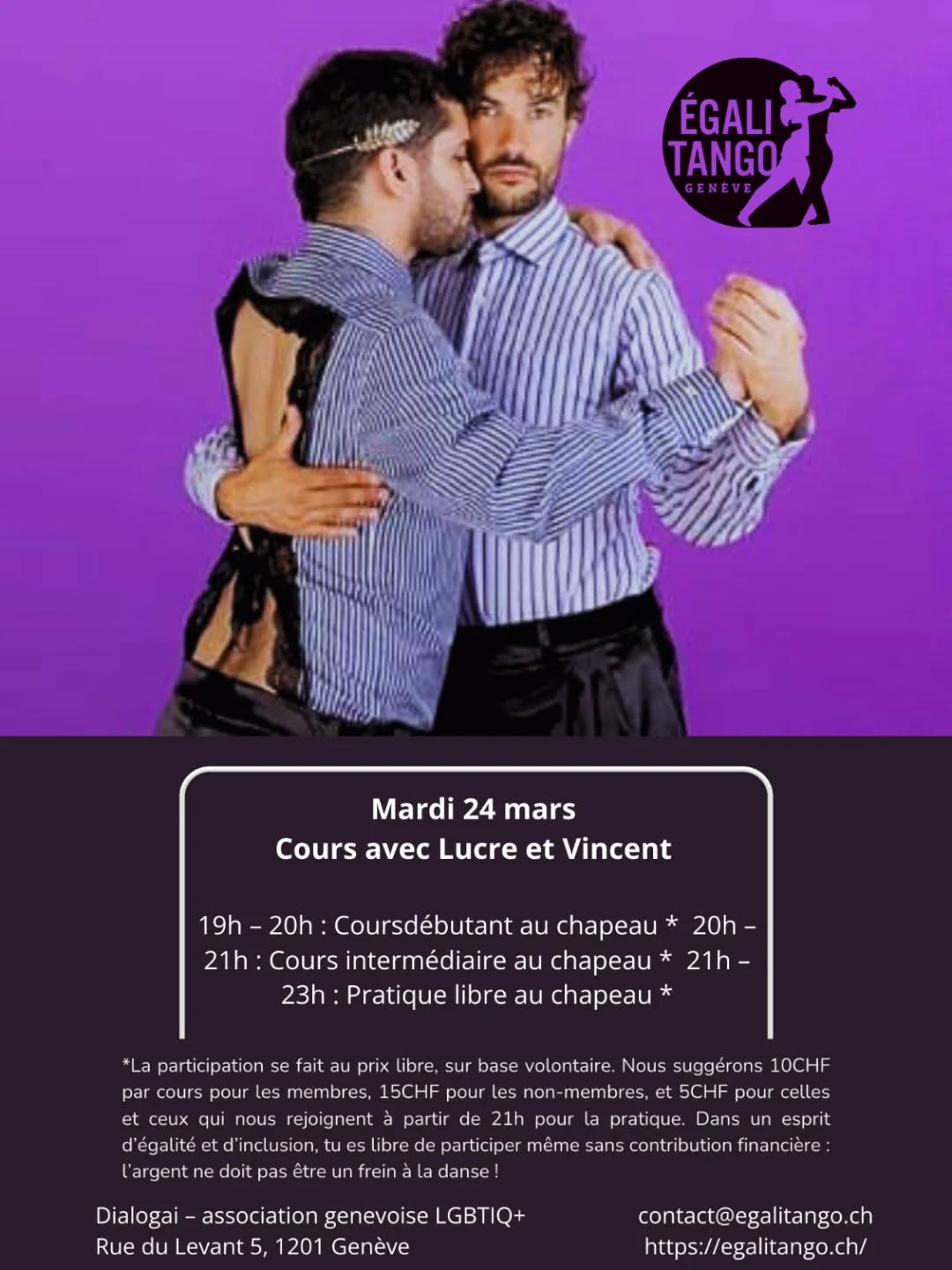 Mardi prochain Vincent revient avec Lucrecio! Ne manquez pas ce cours qui va être magnifique💜 @lucre.vincent.tango

Vincent et Lucrecio se sont rencontrés en 2013, à Buenos
Aires. Ils ont évolué au sein de la communauté tango queer en
Argentine (Buenos Aires et Córdoba) pendant plusieurs années, puis
Vincent est rentré en France en 2015. À l'été 2016, ils ont
créé une collaboration et une tournée de tango en Europe pour la première
fois. Depuis 2022, Lucrecio voyage chaque année pour poursuivre cette
collaboration entre amis très proches. Ils célèbrent 10 ans
d'amitié en dansant et en enseignant joyeusement ensemble.