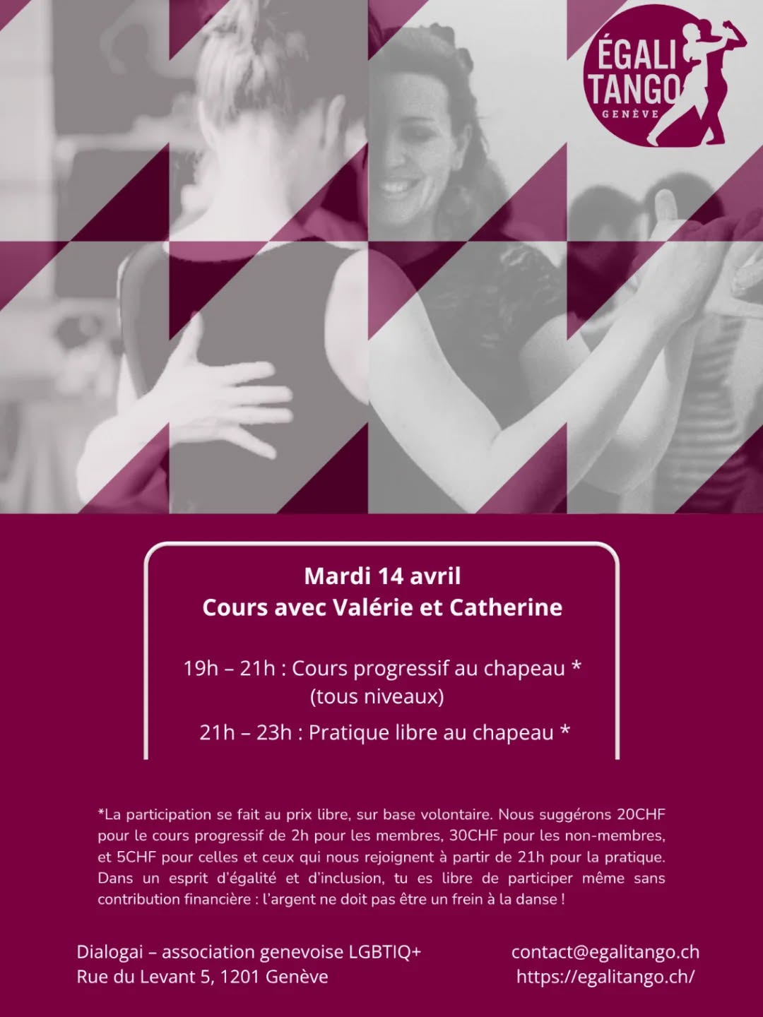 Au programme mardi prochain, cours progressif de 2h tous niveaux avec Valérie @valerieloewensberg et Catherine @equilibre_postural en abordant des éléments de la technique Alexander dans le tango. Le cours mettra l'accent sur l'usage de soi, le tonus et l'abrazo.

En croisant tango et Technique Alexander, leur collaboration propose d’explorer la danse autrement : ralentir, affiner les sensations - notamment la perception du dos en relation avec les bras - et découvrir comment une meilleure organisation du corps peut nourrir l'apprentissage, la qualité du mouvement et du relationnel dans le tango. L’accent est mis sur l'attention au corps dans son environnement, la curiosité et le plaisir de danser ensemble.