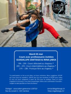 Mardi 5 mai ne manquez pas la venue de Guadalupe et Irina. Elles travaillent ensemble depuis 2018, mêlant les langages pour créer différentes façons d’interpréter le tango, donnant ainsi naissance à un nouveau code artistique et pédagogique.
@_guadalupe.santiago_ @irinajabsa

Elles ont participé à toutes les éditions du Festival Electrotango de Buenos Aires ainsi qu’aux Rencontres Contactango à Mar del Plata. Elles ont organisé le premier Festival Tango Contact Buenos Aires et co-organisent depuis 2018 La Mutante, l’une des milongas alternatives et éclectiques de Buenos Aires.

En dehors de l'Argentine, elles se sont produites dans divers pays : Turquie, Autriche, Espagne, Allemagne, Portugal. Elles sont en Suisse pour la première fois!