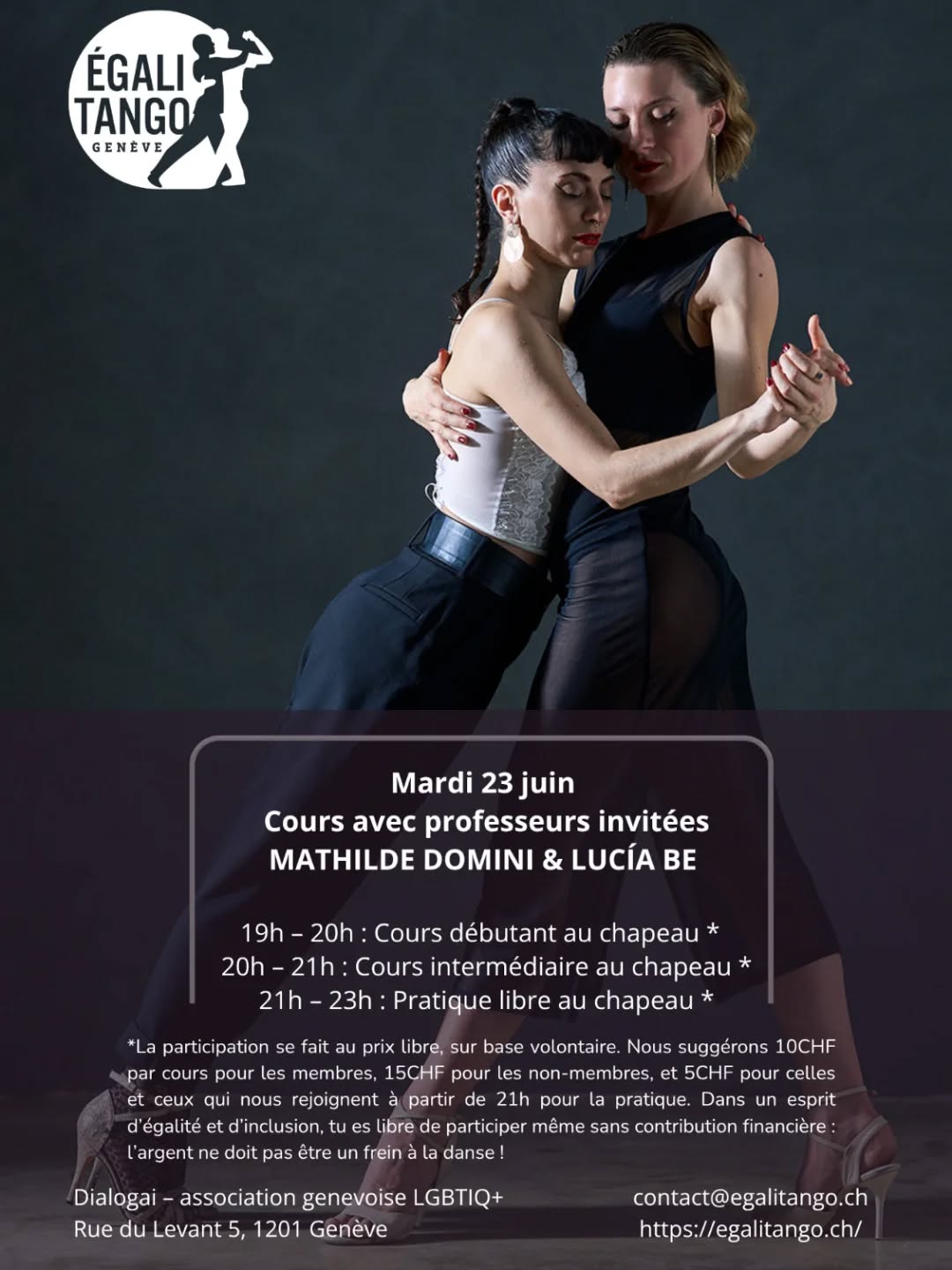 Mardi 26 juin retrouvez Lucia Be cette fois avec Mathilde Domini. 🎼🎶💃🏾
A travers leur approche pédagogique et didactique, elles explorent de nouvelles façons d'habiter l'étreinte. Leur travail combine l'open role, le tango queer et l'inversion des rôles, favorisant l'autonomie de chaque corps au sein du mouvement.
En s'inspirant des figures du tango traditionnel de Buenos Aires, elles les adaptent aux corps contemporains, créant ainsi un dialogue entre tradition et innovation. Pour elles, chaque danseur peut prendre des décisions dans l'étreinte et se mouvoir librement, au-delà de son genre ou de son identité, créant ainsi une danse créative, consciente et expressive. Leur démarche vise à autonomiser ceux qui dansent, en favorisant la communication, l'expression authentique et l'innovation au sein du tango.