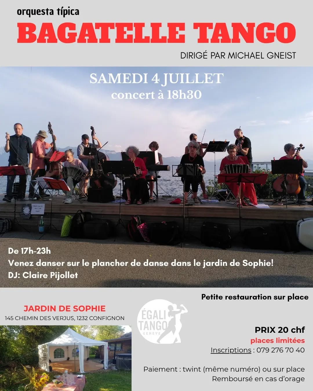 Practica Égalitango, samedi 4 juillet dès 17h!
Venez danser et profiter du Jardin de Sophie jusqu'à 23h!
La soirée sera accompagnée de Claire Pijollet aux platines.
Vers 18h30, Bagatelle Tango nous accompagnera musicalement! Cet orchestre typique, formé de passionnés de Tango, se produit dans l’arc lémanique et en France pour nous faire danser!
Piano, violons, contrebasse, violoncelle, clarinette basse et bandonéons sont les instruments de ce groupe Tipica. Mené par le violoniste et arrangeur Michael Gneist, le groupe se réunit lors de stages intensifs et de rencontres amicales. Le répertoire est essentiellement de la période 1920-1950.
Nous encourageons la danse open role, où chacun.e.x peut explorer librement les deux rôles de danse, et nous défendons une pratique féministe, égalitaire et humaniste, attentive aux dynamiques d’inclusion et d’équité.
Soirée avec restauration sur place (empanadas et alfajores del rio de la plata). Boissons sans alcool offert.
Vous pouvez apporter d'autres boissons si besoin🍷🍺🍸🍹Places limitées: réservez votre entrée au 079 276 70 40.